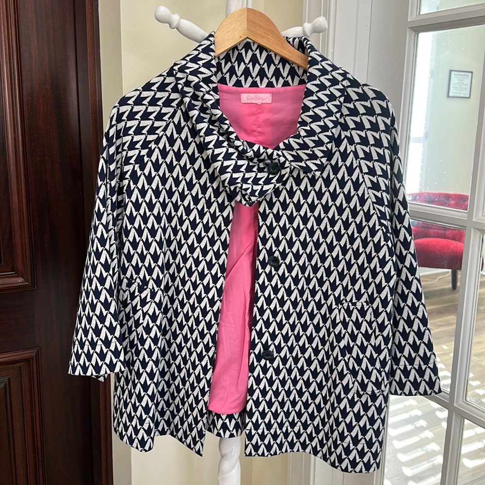 Lilly Pulitzer Crane Swing Knit Jacket Navy White XL 14 16 Top Blazer Blouse